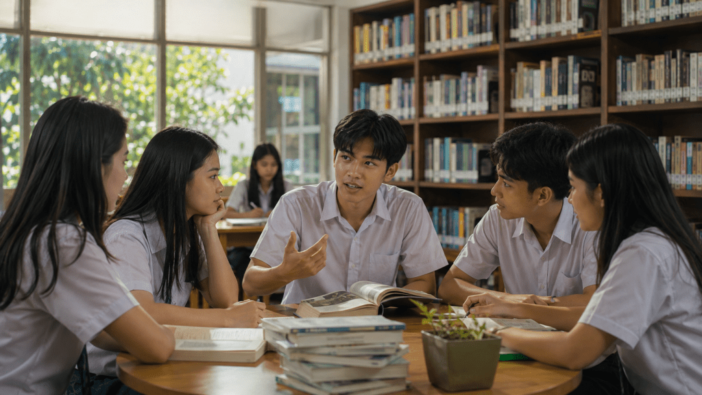 Pelajar Indonesia berdiskusi setelah membaca buku untuk meningkatkan literasi