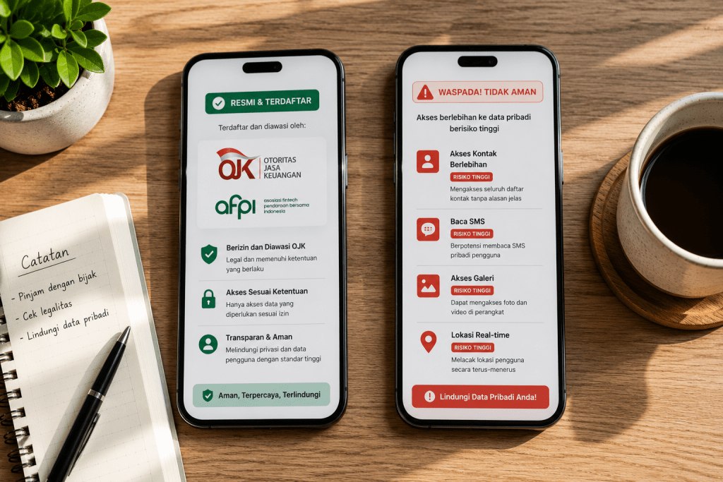 Perbandingan aplikasi pinjol legal terdaftar OJK dengan pinjol ilegal yang meminta akses kontak ponsel berlebih.