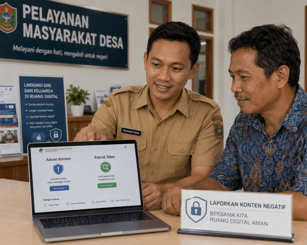 Pendampingan warga desa melaporkan teror pinjol ilegal ke portal Aduan Konten dan Patroli Siber.