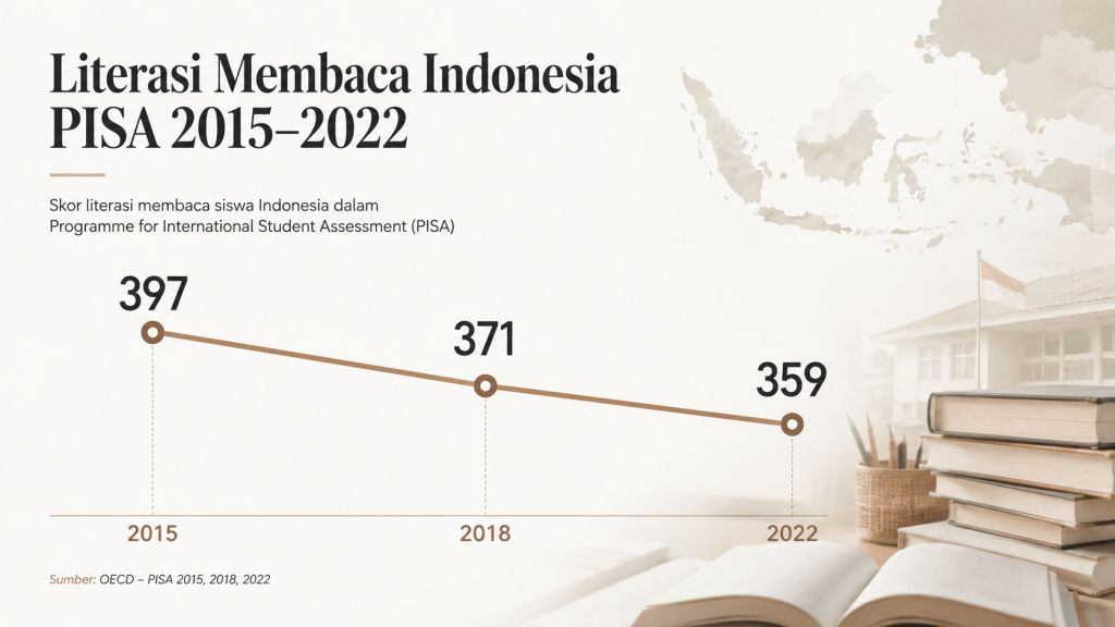 Grafik tren skor literasi membaca Indonesia PISA 2015 2018 2022