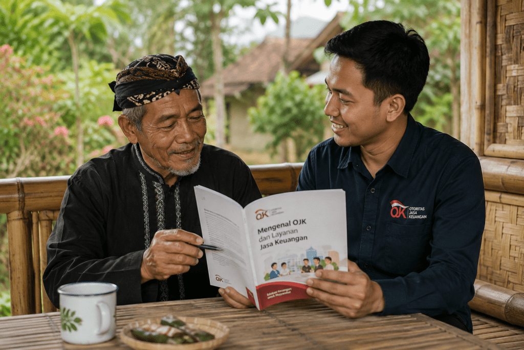 Warga desa mempelajari buku panduan literasi keuangan dan penghitungan bunga pinjaman.