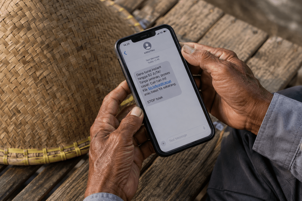 Waspada terhadap pesan penawaran pinjaman online ilegal tanpa syarat melalui SMS atau aplikasi perpesanan.