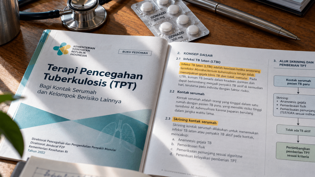 Ternyata Kontak Erat Pasien TBC Tanpa Gejala Dapat Terapi Pencegahan 2 Buku Pedoman Petunjuk Teknis Terapi Pencegahan Tuberkulosis Kementerian Kesehatan di atas meja dokter.