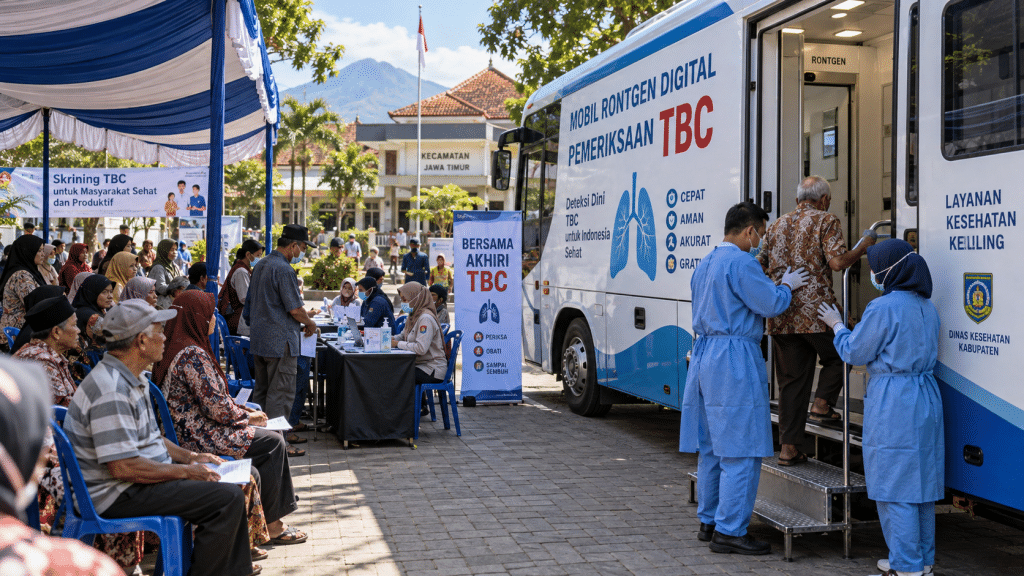 Ternyata Kontak Erat Pasien TBC Tanpa Gejala Dapat Terapi Pencegahan 11 Warga mengantre tertib di unit mobil rontgen keliling puskesmas untuk pemeriksaan deteksi dini tuberkulosis massal.