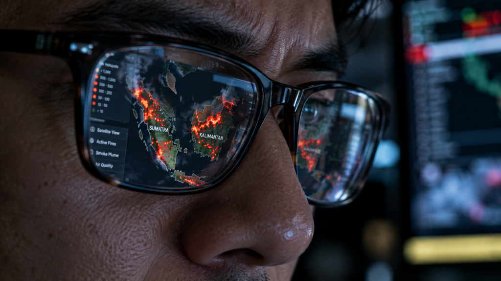 Analis data memantau peta titik api Sumatra dan Kalimantan di layar monitor.