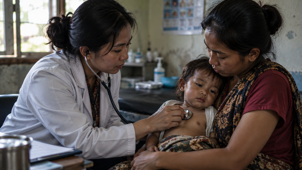 Dokter memeriksa kondisi pernapasan balita yang rentan terkena ISPA di puskesmas.