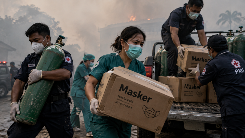 Petugas kesehatan mendistribusikan bantuan masker dan tabung oksigen ke wilayah terdampak.