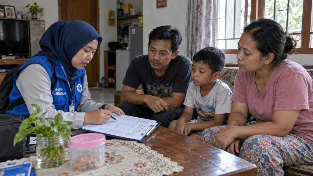 Ternyata Kontak Erat Pasien TBC Tanpa Gejala Dapat Terapi Pencegahan 3 Kader kesehatan komunitas mencatat daftar anggota keluarga kontak serumah pasien saat kunjungan rumah investigasi kontak TBC.
