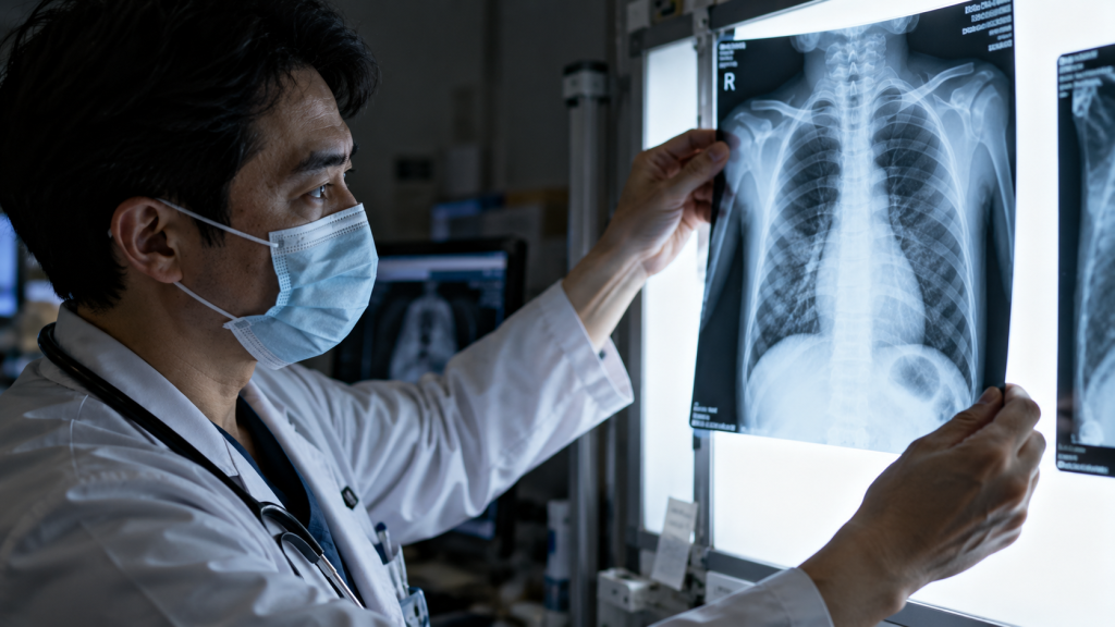 Dokter paru mengevaluasi foto rontgen dada untuk mendeteksi komplikasi selain asap.