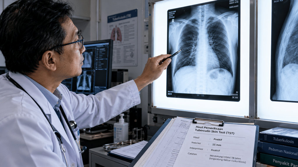 Ternyata Kontak Erat Pasien TBC Tanpa Gejala Dapat Terapi Pencegahan 4 Dokter spesialis paru menganalisis foto rontgen toraks normal pada kasus infeksi laten TBC di lightbox medis.