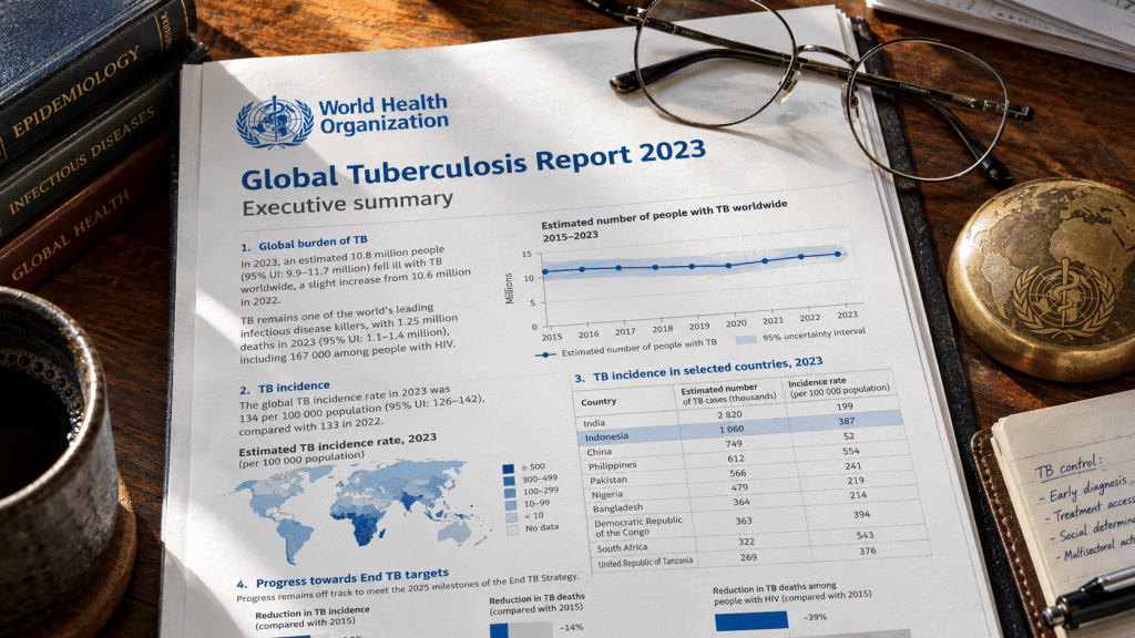 Ternyata Kontak Erat Pasien TBC Tanpa Gejala Dapat Terapi Pencegahan 5 Dokumen laporan WHO Global TB Report terbuka memperlihatkan data beban insiden TBC Indonesia di meja peneliti kesehatan.