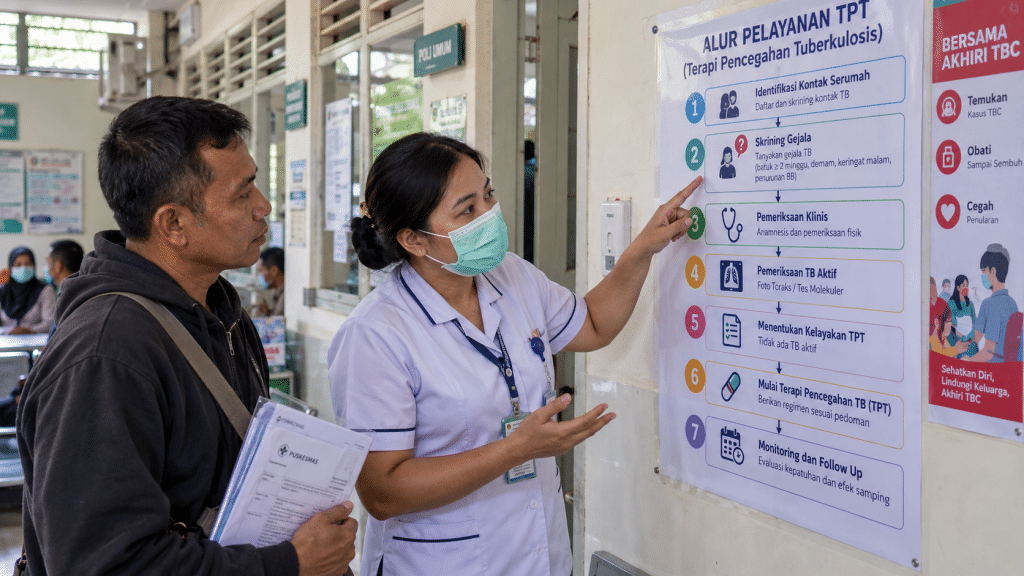 Ternyata Kontak Erat Pasien TBC Tanpa Gejala Dapat Terapi Pencegahan 6 Petugas perawat memandu alur skrining gejala dan pemeriksaan dahak bagi kontak erat di pos layanan tuberkulosis.