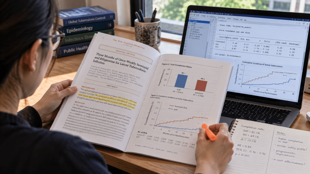 Ternyata Kontak Erat Pasien TBC Tanpa Gejala Dapat Terapi Pencegahan 8 Peneliti klinis menelaah grafik data tingkat penyelesaian terapi pencegahan TBC pada jurnal kesehatan masyarakat.